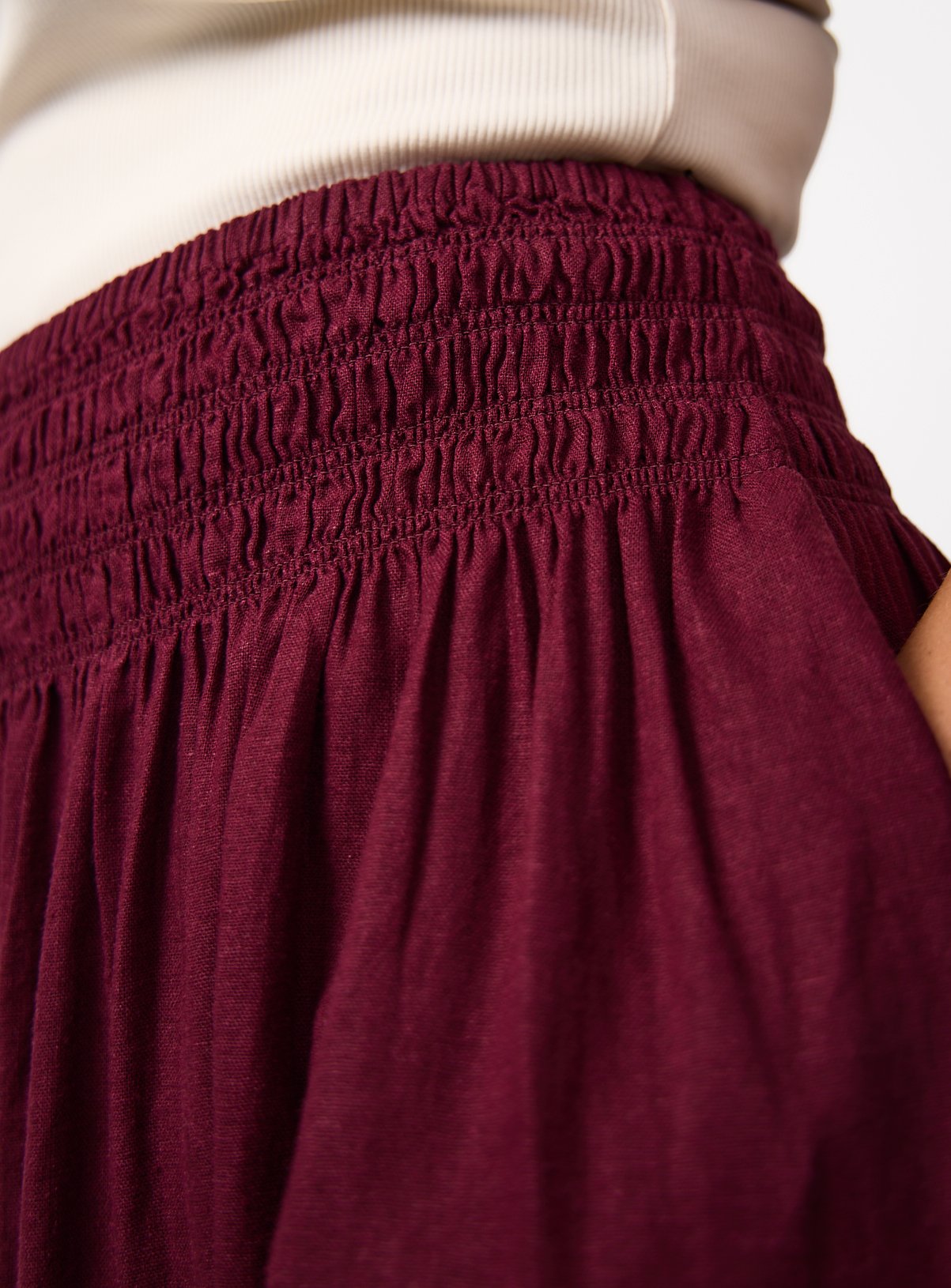 Dark Red Linen Rich Shirred Waist Midaxi Skirt 16 - Image 3 thumbnail